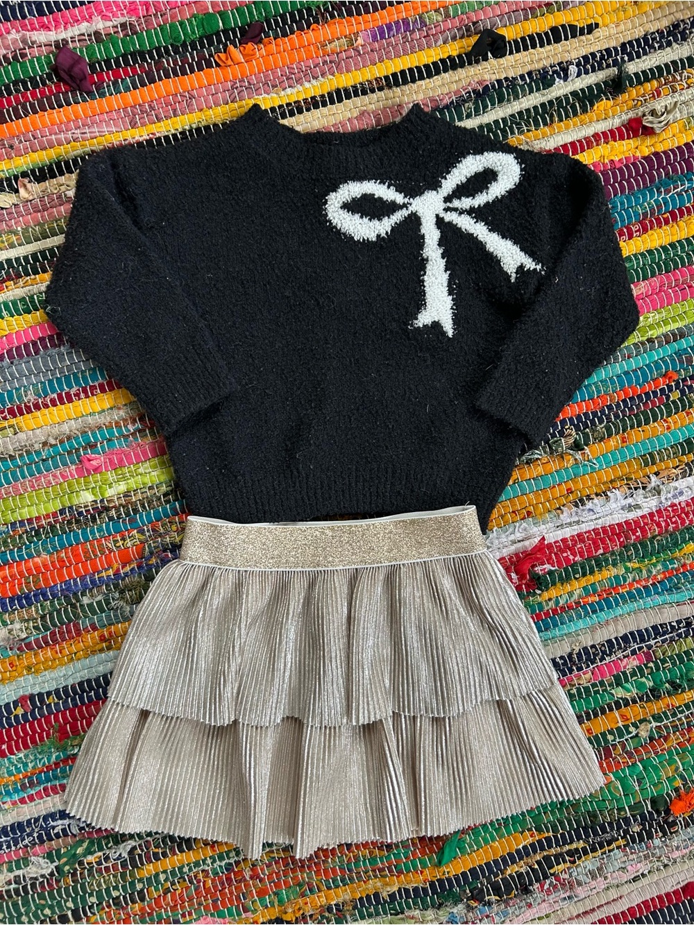 Cat & Jack Bow Sweater & Metallic Tiered Pleated Skirt Set 12 MOS